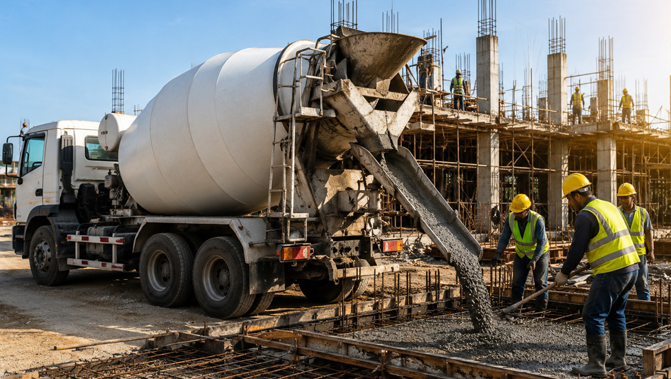 Ready mix concrete truck delivering concrete at a construction site in London