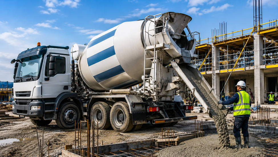 Ready mix concrete mixer truck at a construction site in London