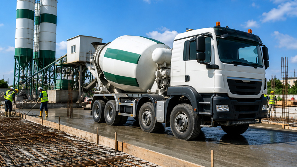 Ready mix concrete truck delivering concrete for a construction project