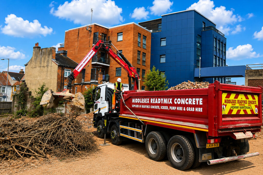 Concrete delivery truck at a construction site in London