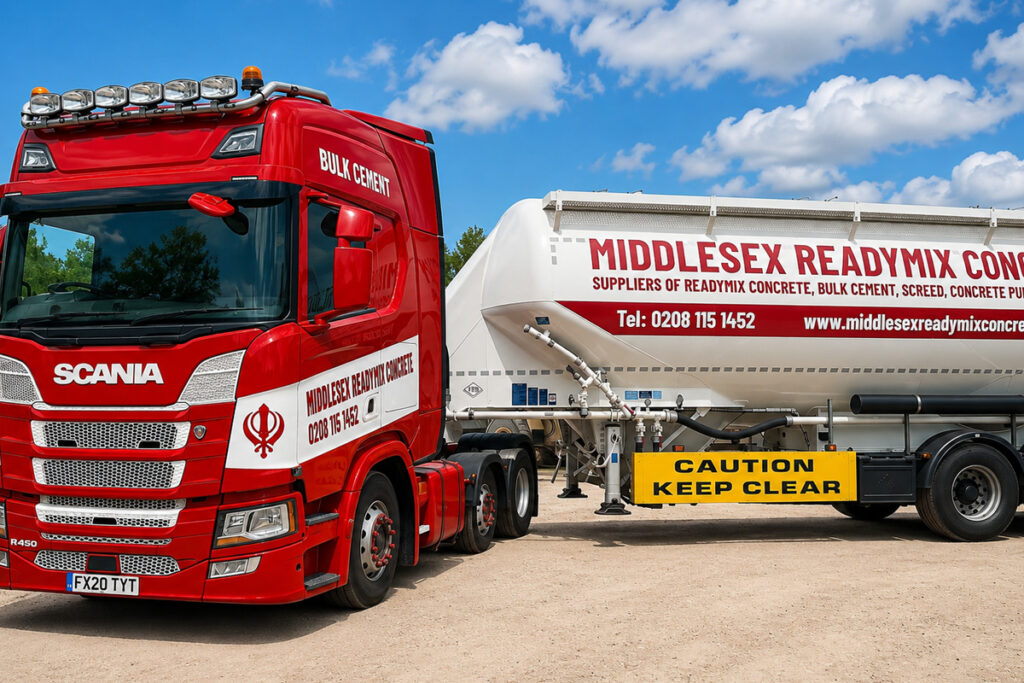 Concrete mixer truck supplying concrete for a construction project