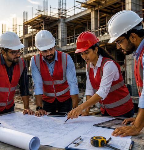 Construction team reviewing plans for ready mix concrete project in London